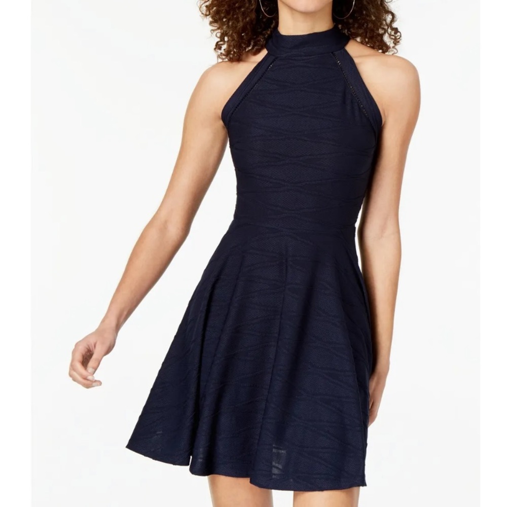 B Darlin Navy Textured Halter Fit & Flare Dress Juniors Size 3/4 Homecoming Prom - Picture 1 of 7